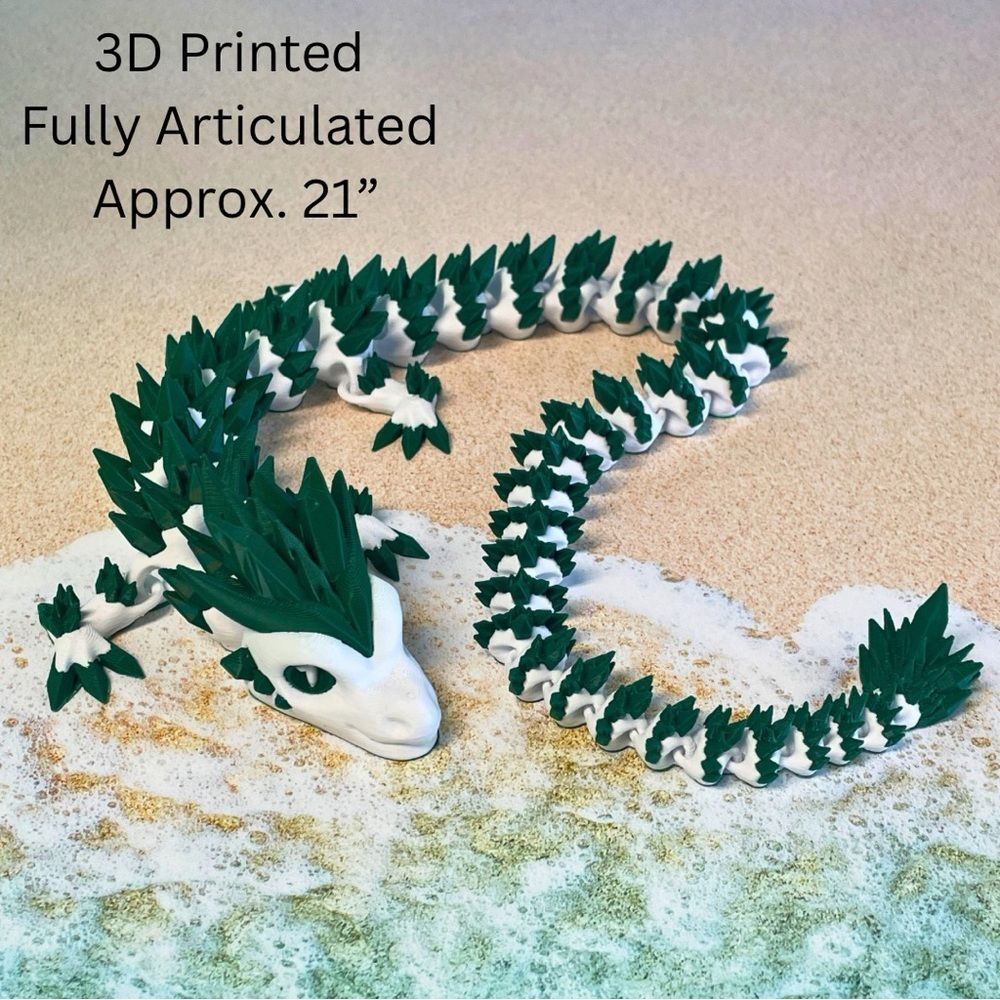 3D Printed Articulated Dragon Green/White 21"
